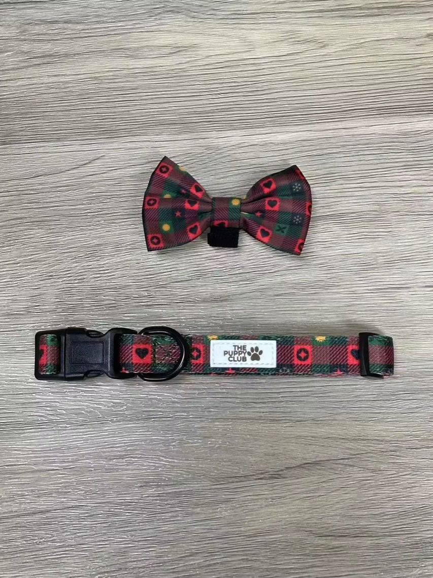 Christmas Bow and Collar Set - Holiday Plaid