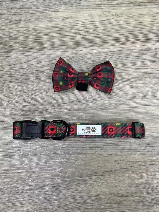 Christmas Bow and Collar Set - Holiday Plaid